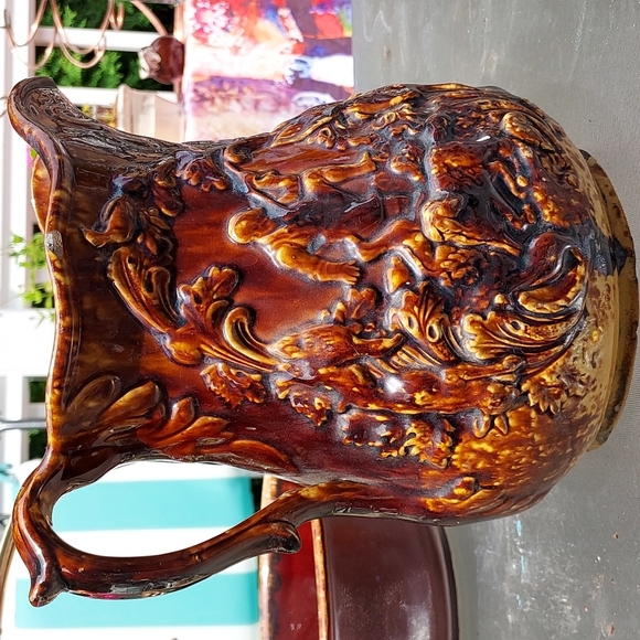 Antique yellow wear 9" large pitcher Bennington Pottery glazed raised 1800 - Picture 1 of 17